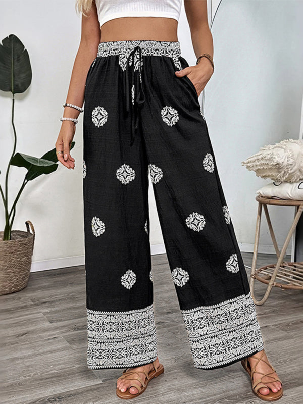Ethnic style printed elastic waist drawstring casual comfortable straight pants-[Adult]-[Female]-2022 Online Blue Zone Planet