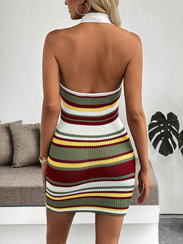 New Retro Striped Halter Neck Open Back Slim Fit Knit Dress-TOPS / DRESSES-[Adult]-[Female]-2022 Online Blue Zone Planet