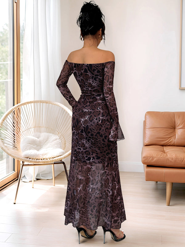 New Party Elegant Retro Style Off-shoulder Long Sleeve Mesh Leopard Print Dress-TOPS / DRESSES-[Adult]-[Female]-2022 Online Blue Zone Planet