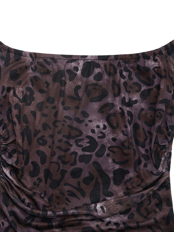 New Party Elegant Retro Style Off-shoulder Long Sleeve Mesh Leopard Print Dress-TOPS / DRESSES-[Adult]-[Female]-2022 Online Blue Zone Planet