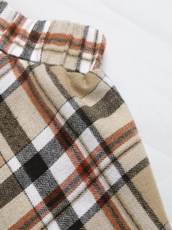 Retro Plaid Shorts Skirt Suit Casual Lapel Shirt Cardigan Two-piece Set-TOPS / DRESSES-[Adult]-[Female]-2022 Online Blue Zone Planet