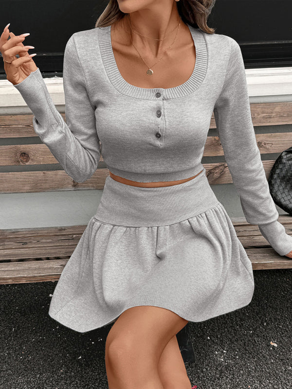Casual round neck short belly-exposed knitted long-sleeved top + short skirt two-piece set-[Adult]-[Female]-Misty grey-XS-2022 Online Blue Zone Planet