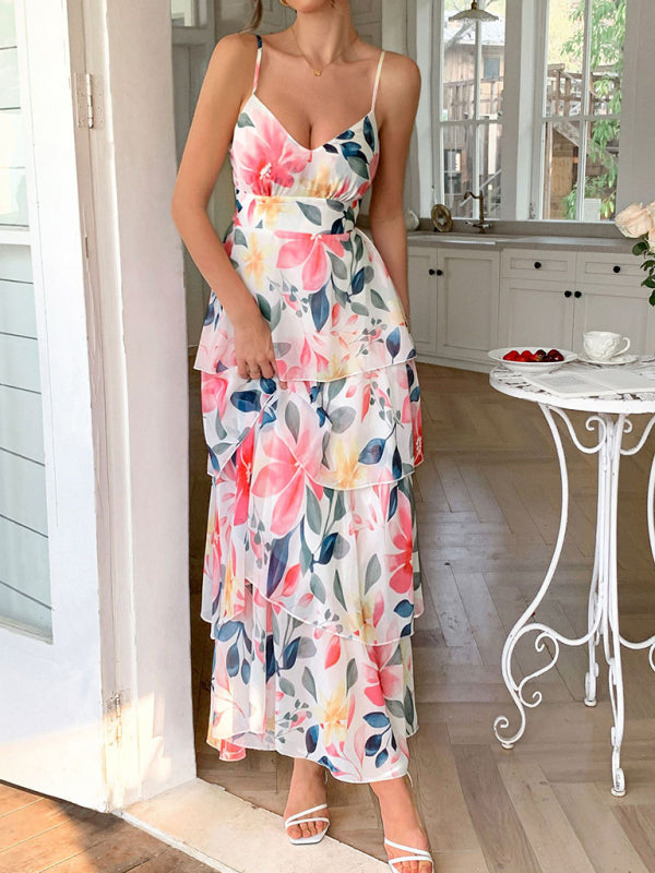 Elegant style suspender printed layered dress - White / S Elegant style suspender printed layered dress - White / S