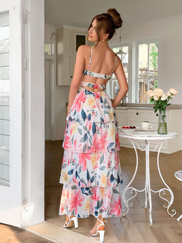 Elegant style suspender printed layered dress - White / S Elegant style suspender printed layered dress - White / S