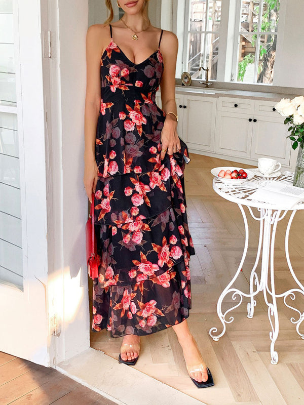Elegant style sling black bottom pink flower melaleuca dress-[Adult]-[Female]-2022 Online Blue Zone Planet