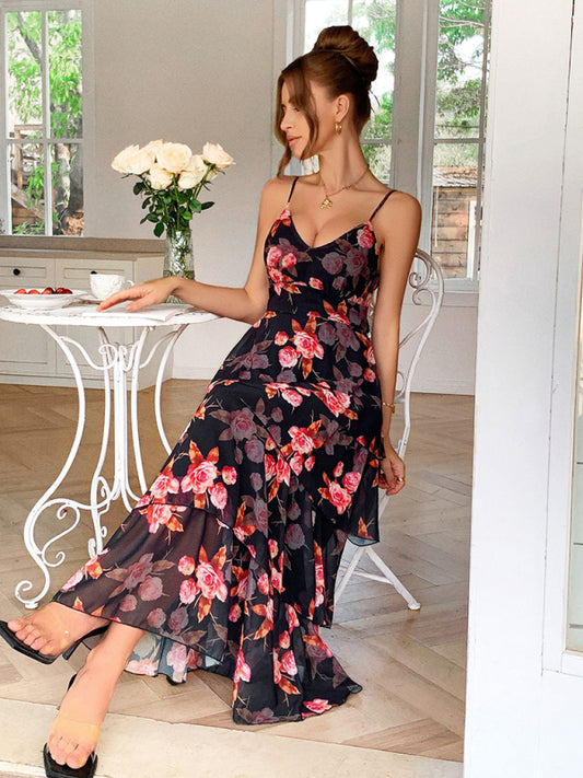 Elegant style sling black bottom pink flower melaleuca dress-[Adult]-[Female]-Black-S-2022 Online Blue Zone Planet