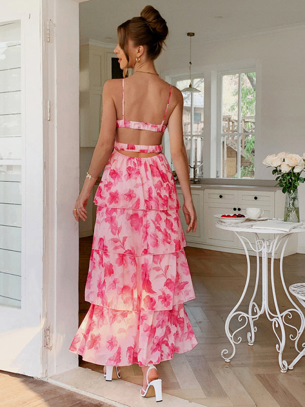 Elegant style suspender pink flower pattern layered dress-[Adult]-[Female]-2022 Online Blue Zone Planet