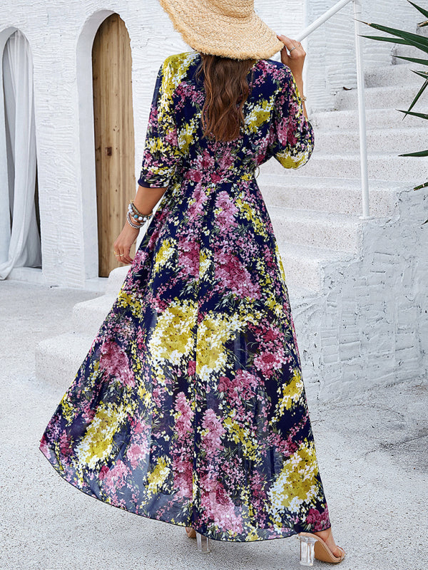 Holiday Royal Blue Printed Tie-Strap Maxi Dress-[Adult]-[Female]-2022 Online Blue Zone Planet