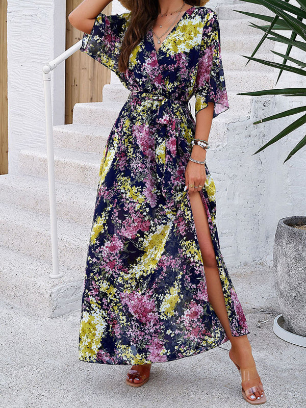 Holiday Royal Blue Printed Tie-Strap Maxi Dress-[Adult]-[Female]-Royal blue-S-2022 Online Blue Zone Planet