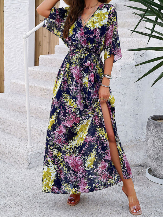Holiday Royal Blue Printed Tie-Strap Maxi Dress-[Adult]-[Female]-Royal blue-S-2022 Online Blue Zone Planet