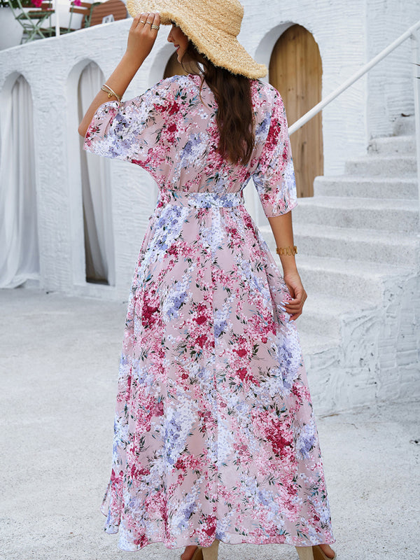 Holiday pink printed tie maxi dress-[Adult]-[Female]-2022 Online Blue Zone Planet