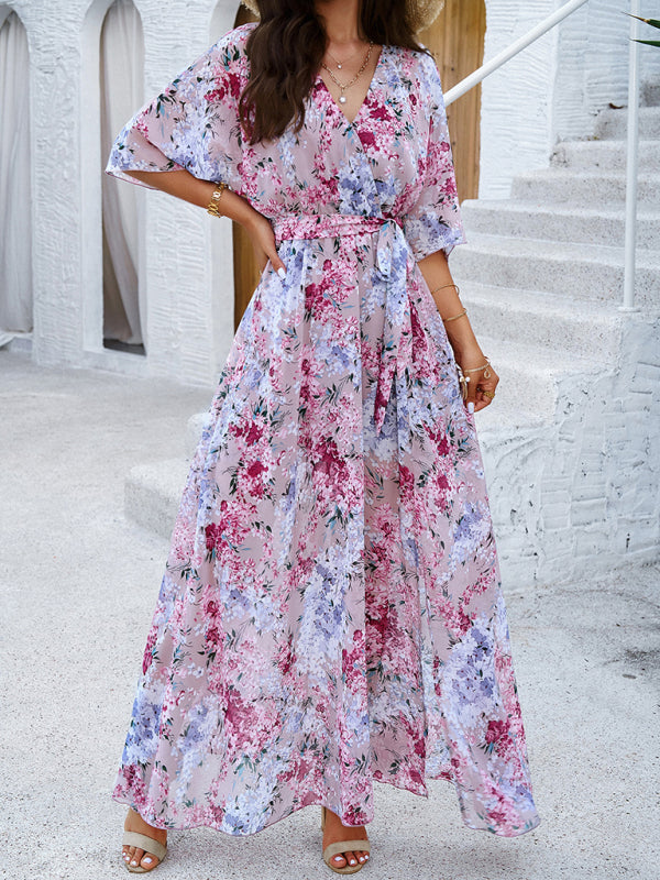 Holiday pink printed tie maxi dress-[Adult]-[Female]-2022 Online Blue Zone Planet