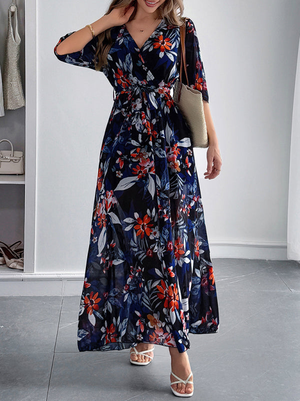 Holiday black printed tie maxi dress-[Adult]-[Female]-2022 Online Blue Zone Planet