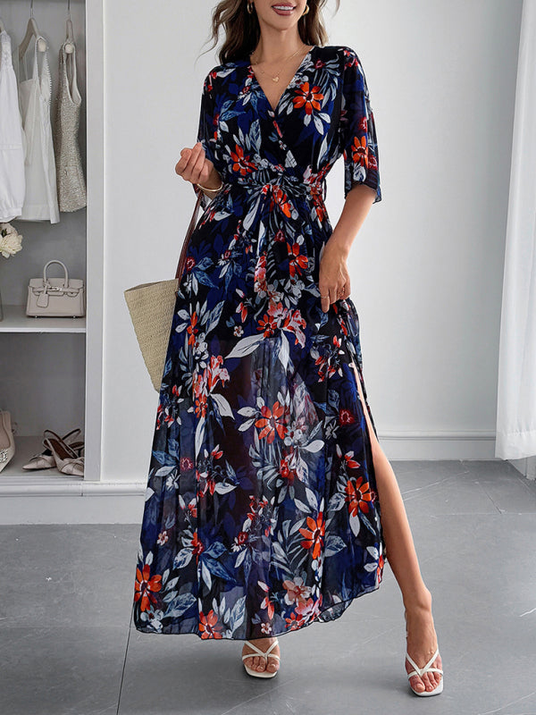 Holiday black printed tie maxi dress-[Adult]-[Female]-2022 Online Blue Zone Planet