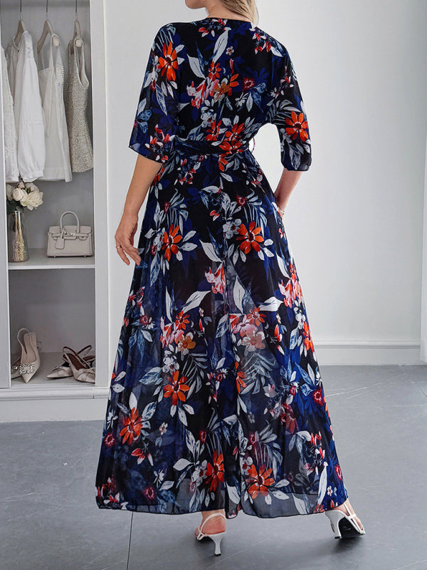 Holiday black printed tie maxi dress-[Adult]-[Female]-2022 Online Blue Zone Planet