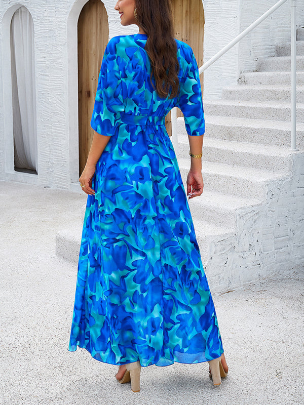 Holiday blue printed tie maxi dress-TOPS / DRESSES-[Adult]-[Female]-2022 Online Blue Zone Planet