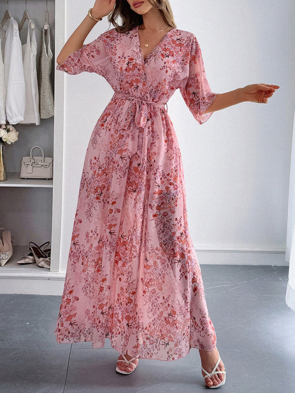 open lace back dress Holiday pink printed strappy maxi dress