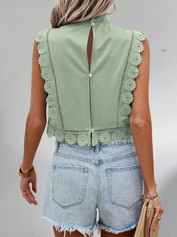 Lace embroidered plant round neck sleeveless hollow chiffon shirt-[Adult]-[Female]-2022 Online Blue Zone Planet