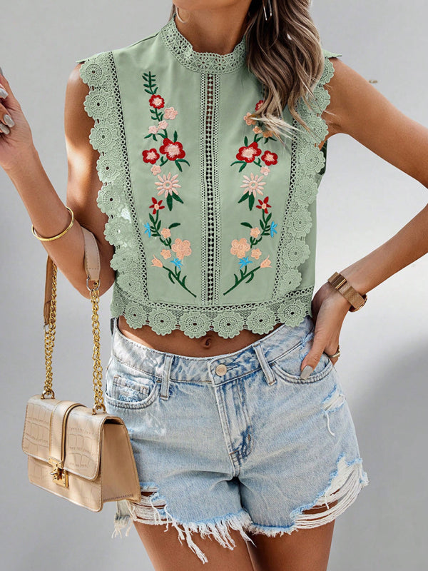 Lace embroidered plant round neck sleeveless hollow chiffon shirt-[Adult]-[Female]-2022 Online Blue Zone Planet