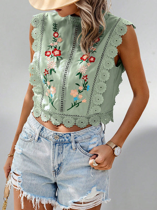 Lace embroidered plant round neck sleeveless hollow chiffon shirt-[Adult]-[Female]-2022 Online Blue Zone Planet