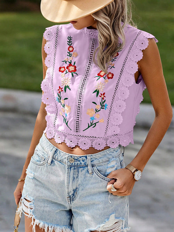 Lace embroidered plant round neck sleeveless hollow chiffon shirt-[Adult]-[Female]-2022 Online Blue Zone Planet