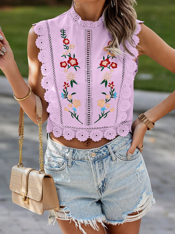 Lace embroidered plant round neck sleeveless hollow chiffon shirt-[Adult]-[Female]-2022 Online Blue Zone Planet