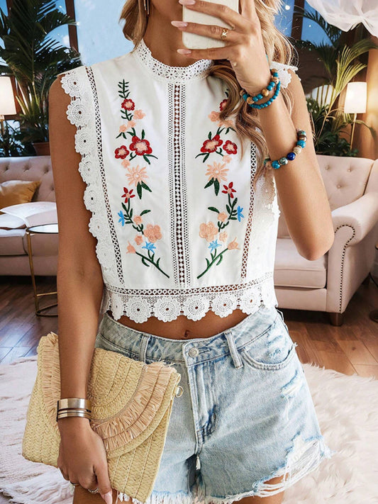 Lace embroidered plant round neck sleeveless hollow chiffon shirt-[Adult]-[Female]-White-S-2022 Online Blue Zone Planet