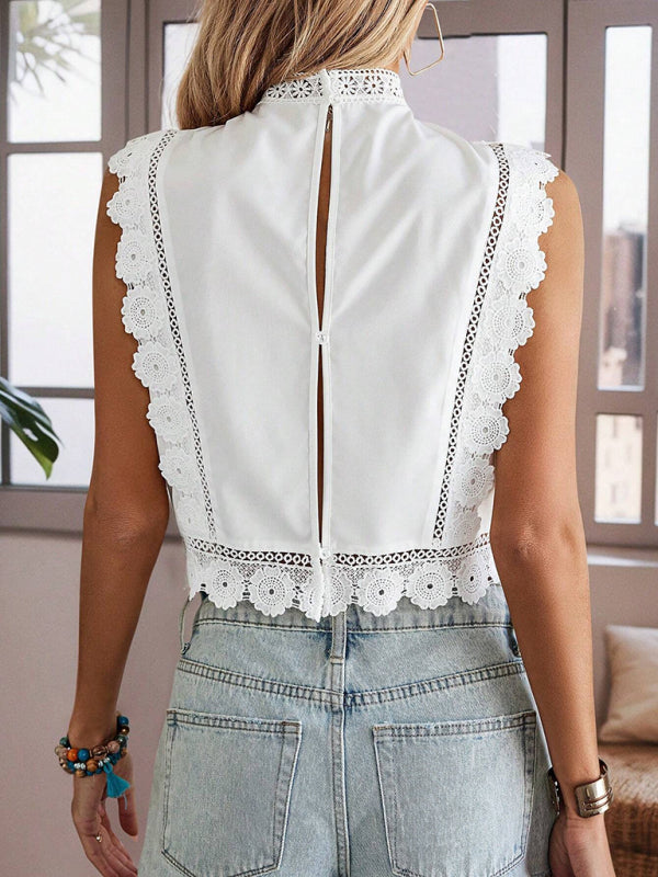 Lace embroidered plant round neck sleeveless hollow chiffon shirt-[Adult]-[Female]-2022 Online Blue Zone Planet