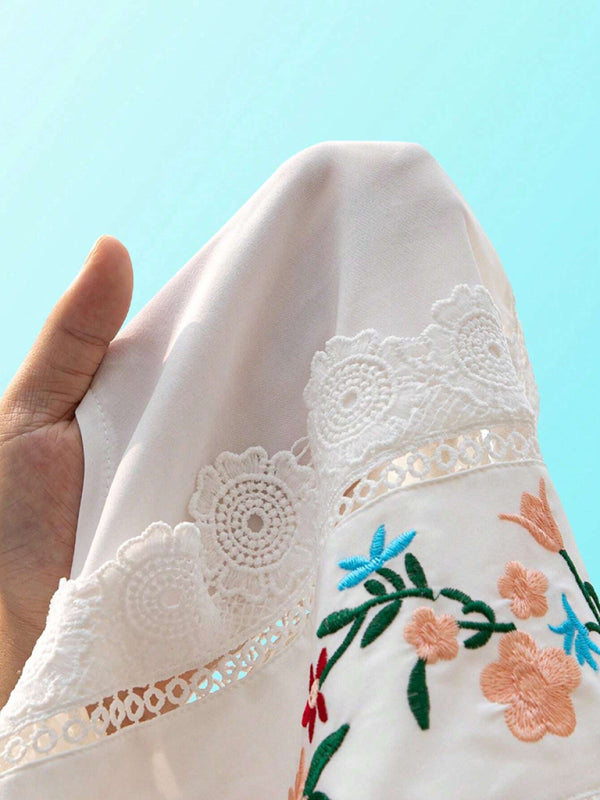 Lace embroidered plant round neck sleeveless hollow chiffon shirt-[Adult]-[Female]-2022 Online Blue Zone Planet