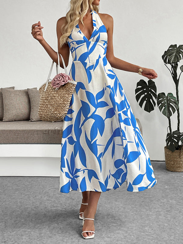 Floral print skirt seaside holiday style halter neck backless dress-TOPS / DRESSES-[Adult]-[Female]-Blue-S-2022 Online Blue Zone Planet
