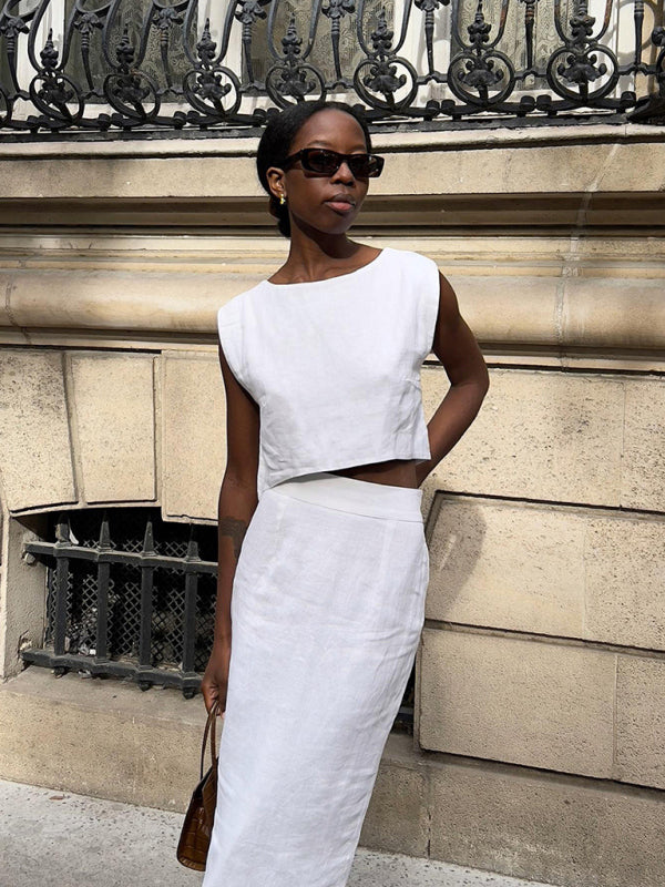 Cotton and Linen Vest Skirt Set-[Adult]-[Female]-White-S-2022 Online Blue Zone Planet