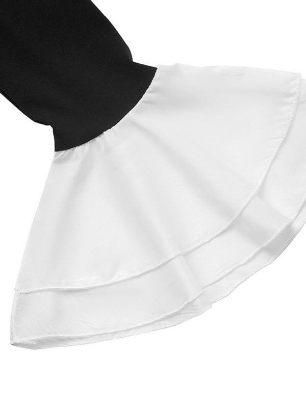 Long-sleeved contrast skirt with ruffled autumn dress-TOPS / DRESSES-[Adult]-[Female]-2022 Online Blue Zone Planet