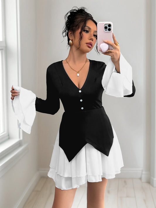 Long-sleeved contrast skirt with ruffled autumn dress-TOPS / DRESSES-[Adult]-[Female]-Black-S-2022 Online Blue Zone Planet