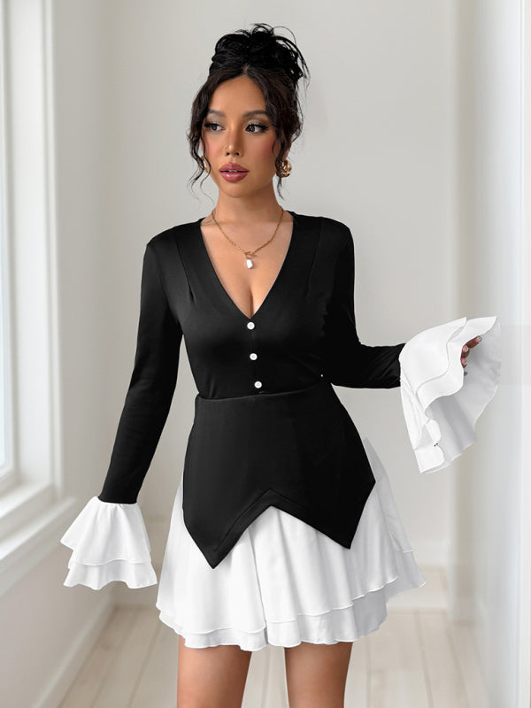 Long-sleeved contrast skirt with ruffled autumn dress-TOPS / DRESSES-[Adult]-[Female]-2022 Online Blue Zone Planet