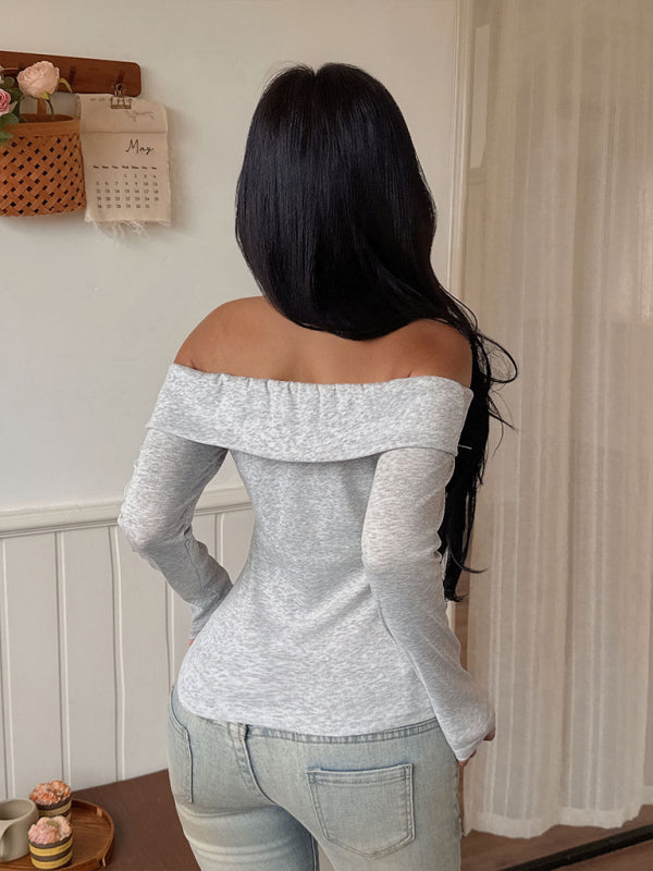 New Light Grey Slim Fit Hottie Off Shoulder T-Shirt Top-[Adult]-[Female]-2022 Online Blue Zone Planet