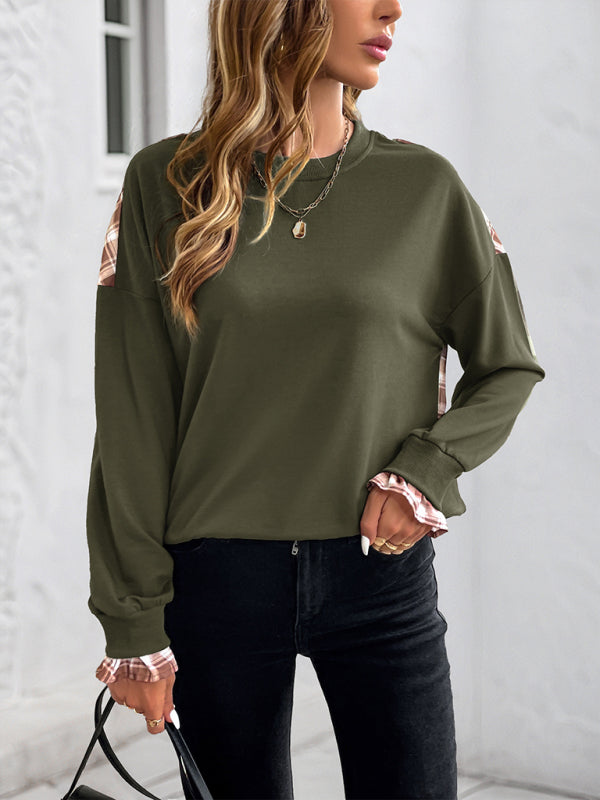 New Thin Plaid Stitching Round Neck Pullover Sweatshirt-[Adult]-[Female]-2022 Online Blue Zone Planet