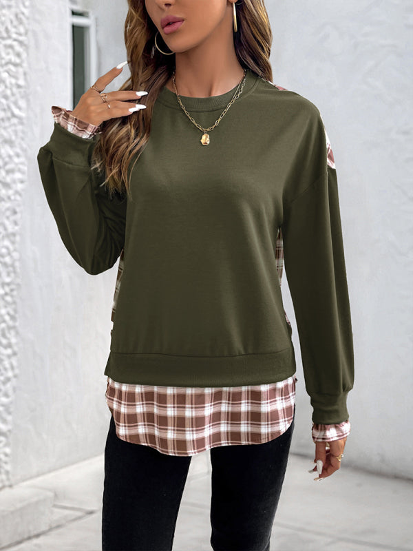 New Thin Plaid Stitching Round Neck Pullover Sweatshirt-[Adult]-[Female]-Olive green-S-2022 Online Blue Zone Planet