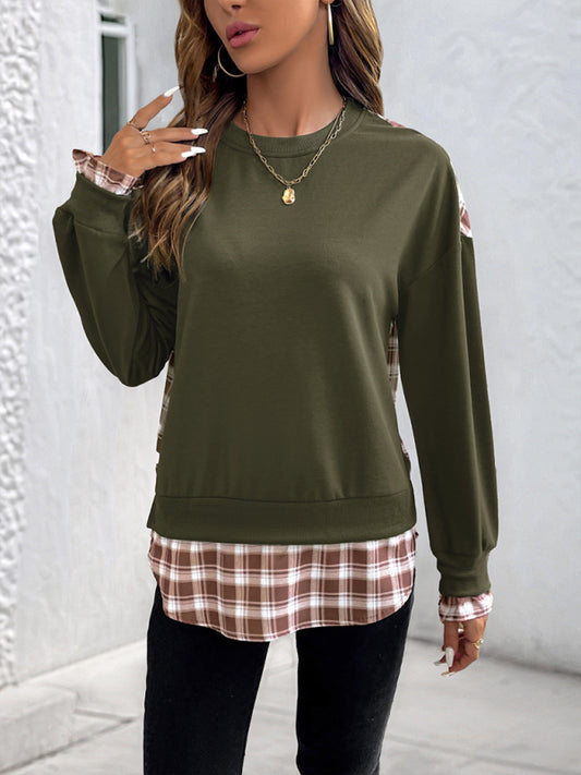 New Thin Plaid Stitching Round Neck Pullover Sweatshirt-[Adult]-[Female]-Olive green-S-2022 Online Blue Zone Planet