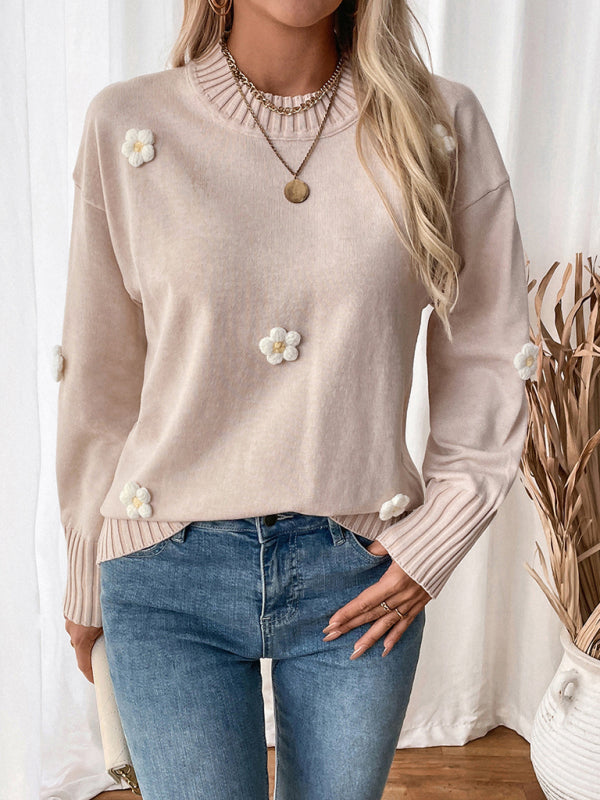 Knitted crew neck sweater with floral details-[Adult]-[Female]-2022 Online Blue Zone Planet