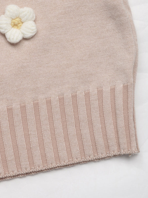 Knitted crew neck sweater with floral details-[Adult]-[Female]-2022 Online Blue Zone Planet