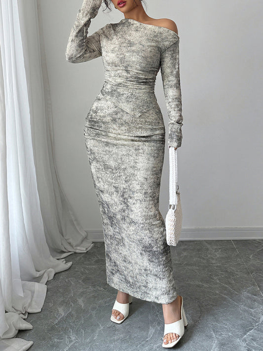 Off-shoulder long-sleeved hip skirt set-[Adult]-[Female]-Cracker khaki-S-2022 Online Blue Zone Planet
