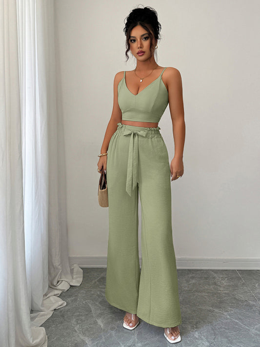 Green Suspender Vest Wide Leg Pants Two-Piece Set-[Adult]-[Female]-Green-S-2022 Online Blue Zone Planet