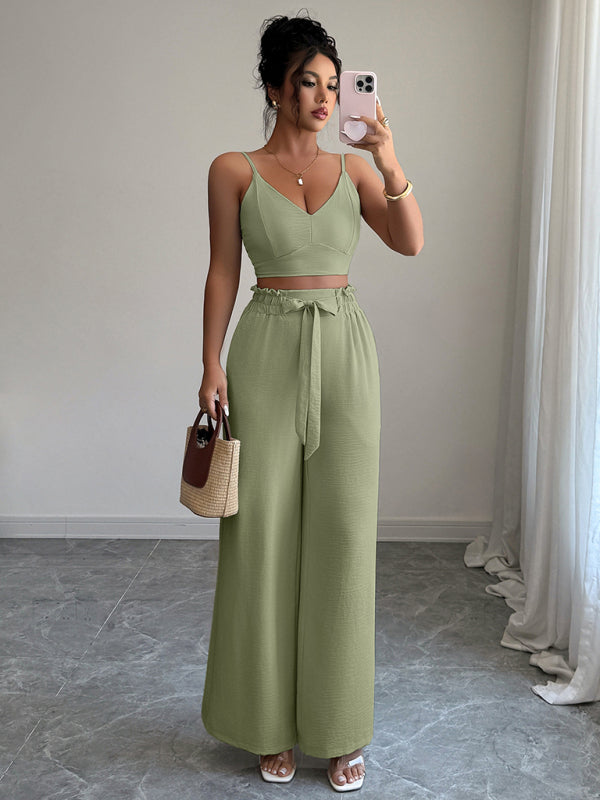 Green Suspender Vest Wide Leg Pants Two-Piece Set-[Adult]-[Female]-2022 Online Blue Zone Planet