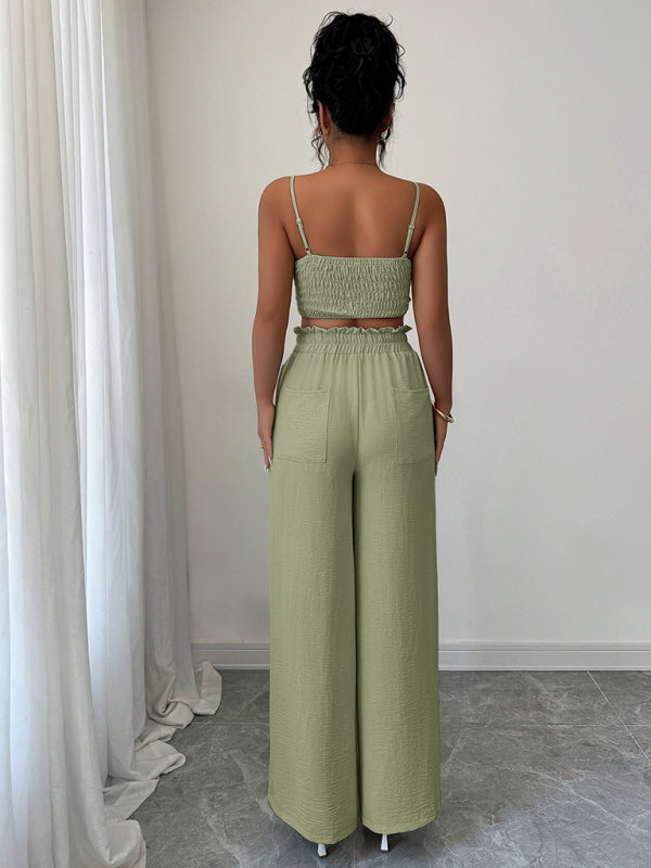 Green Suspender Vest Wide Leg Pants Two-Piece Set-[Adult]-[Female]-2022 Online Blue Zone Planet