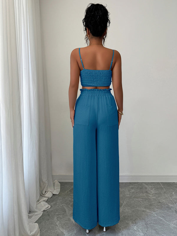 Peacock Blue Suspender Vest Wide Leg Pants Two-Piece Set-[Adult]-[Female]-2022 Online Blue Zone Planet