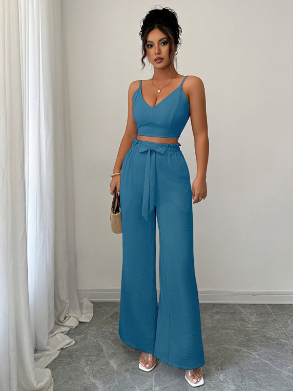 Peacock Blue Suspender Vest Wide Leg Pants Two-Piece Set-[Adult]-[Female]-Peacock blue-S-2022 Online Blue Zone Planet