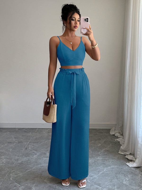 Peacock Blue Suspender Vest Wide Leg Pants Two-Piece Set-[Adult]-[Female]-2022 Online Blue Zone Planet