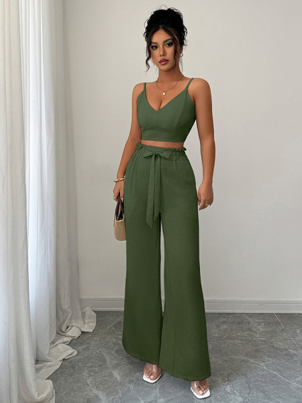 Army Green Suspender Vest Wide Leg Pants Two-Piece Set-[Adult]-[Female]-Olive green-S-2022 Online Blue Zone Planet