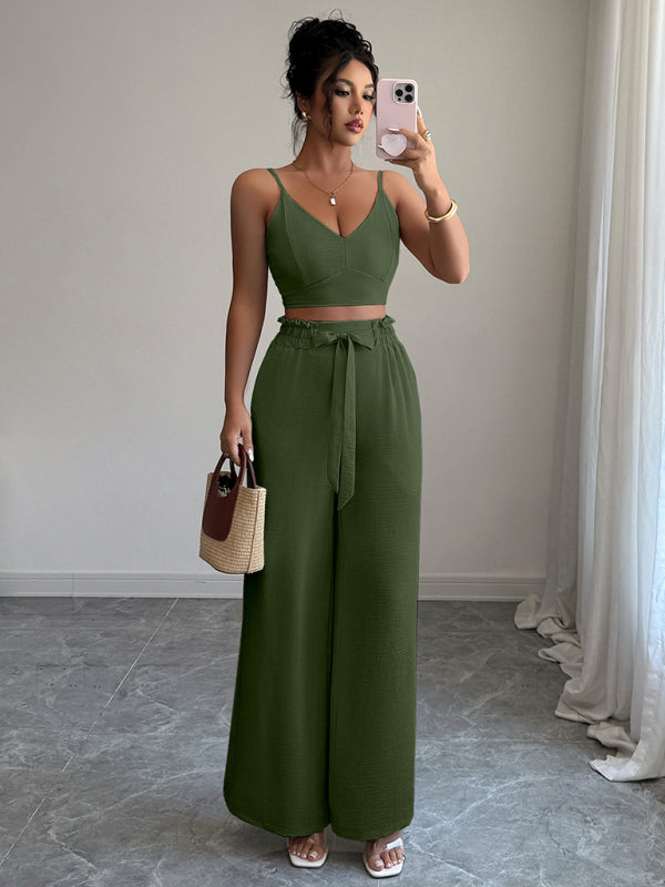 Army Green Suspender Vest Wide Leg Pants Two-Piece Set-[Adult]-[Female]-2022 Online Blue Zone Planet