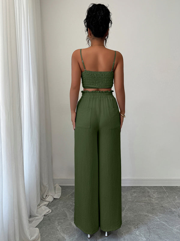 Army Green Suspender Vest Wide Leg Pants Two-Piece Set-[Adult]-[Female]-2022 Online Blue Zone Planet